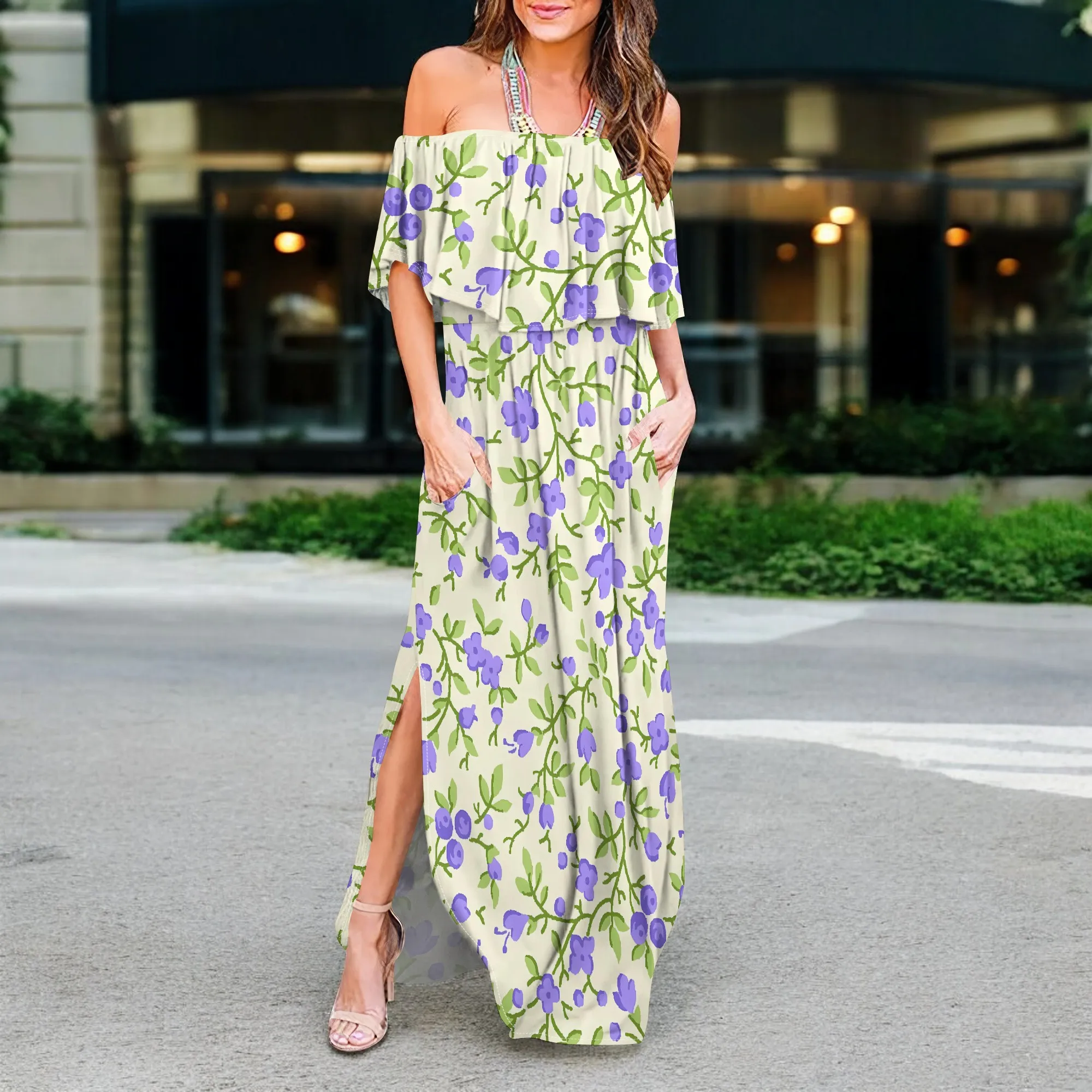 Nupusa ดอกไม้พิมพ์ปิดไหล่ Maxi ชุดผู้หญิงฤดูร้อนหลวมชุดยาว
