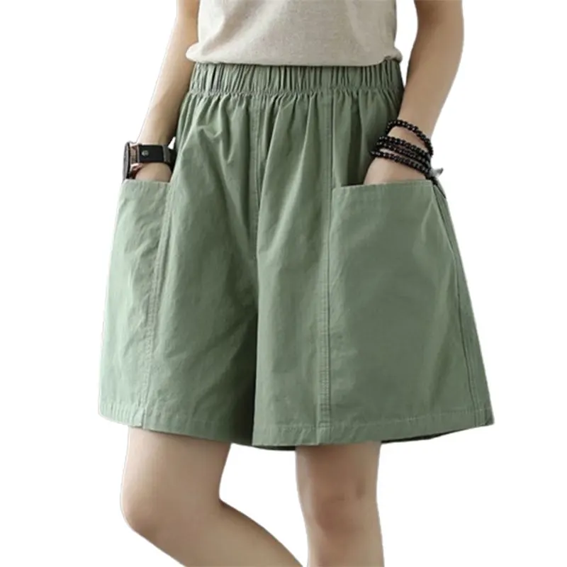 Elegant Fashion Harajuku Slim Fit Female Clothes Casual All Match Wide Leg Pants Solid Pockets High Waist Straight Leg Shorts