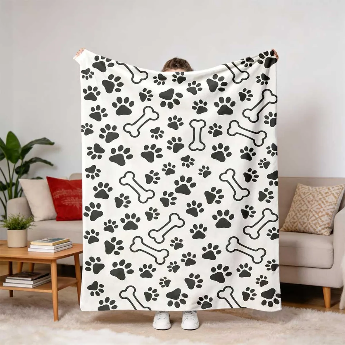 Cute Dachshund Dog Pattern Throw Blanket Cartoon Wiener Puppy Paw Prints Art Decorative Blanket for Couch Sofa Bed Pet Gift