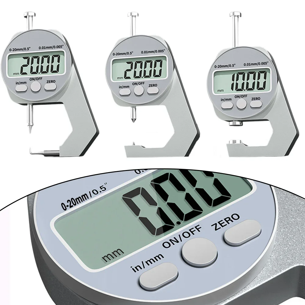 1pc 0-20mm Digital Display Thickness Gauge With 3 Type Head Aluminum Alloy Body Portable Digital Measure Tool