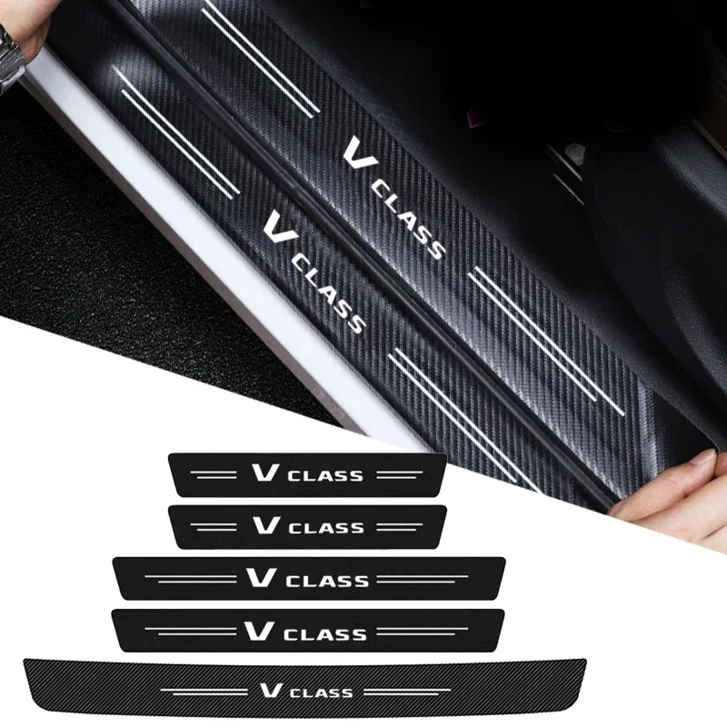 Carbon Fiber Car Door Sill Protector Rear Trunk Bumper Guard Stickers for Mercedes Benz V Class Logo CITAN W213 W124 Accessories