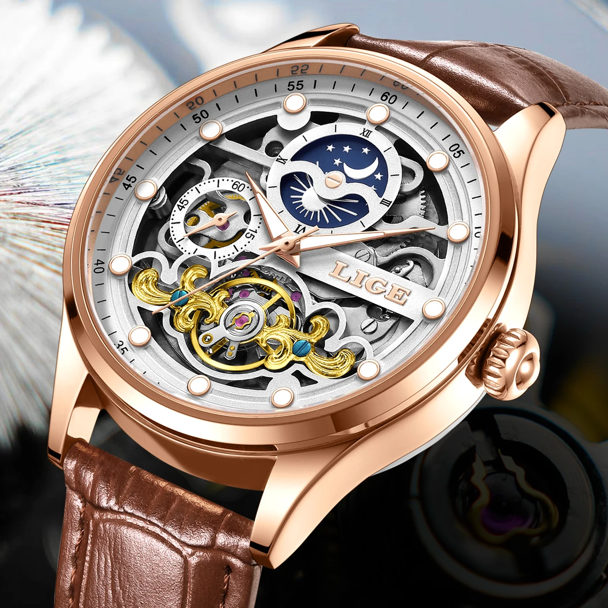 

LIGE Men's watches luxury mechanical watch waterproof luminous clock fashion leather moon phase sport watch men reloj hommes+BOX