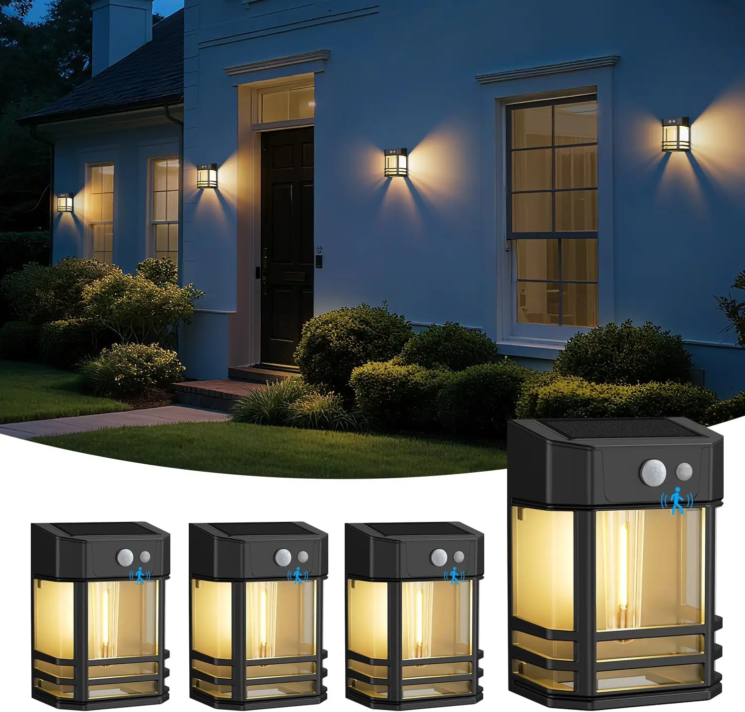 

4 Pack Solar Wall Lights Outdoor, 3 Modes Motion Sensor, IP65 Waterproof, Dusk to Dawn, for Patio, Garage, Yard