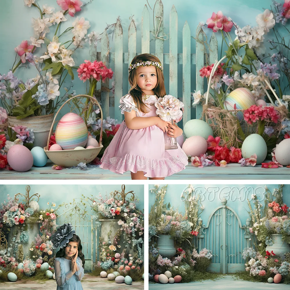 

Easter Photography Backdrop Flowers Fence Easter Eggs Teal Vintage Light Crimson Baby Birthday Portrait Background Photo Studio