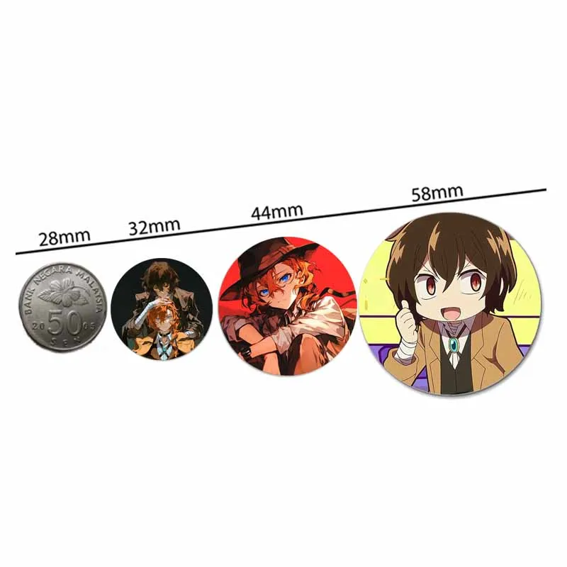 58mm Round Anime Brooches Cartoon Character Dazai Osamu Lapel Pins Cosplay Badges Backpack Clothes Bag Jewelry Accessories Gifts
