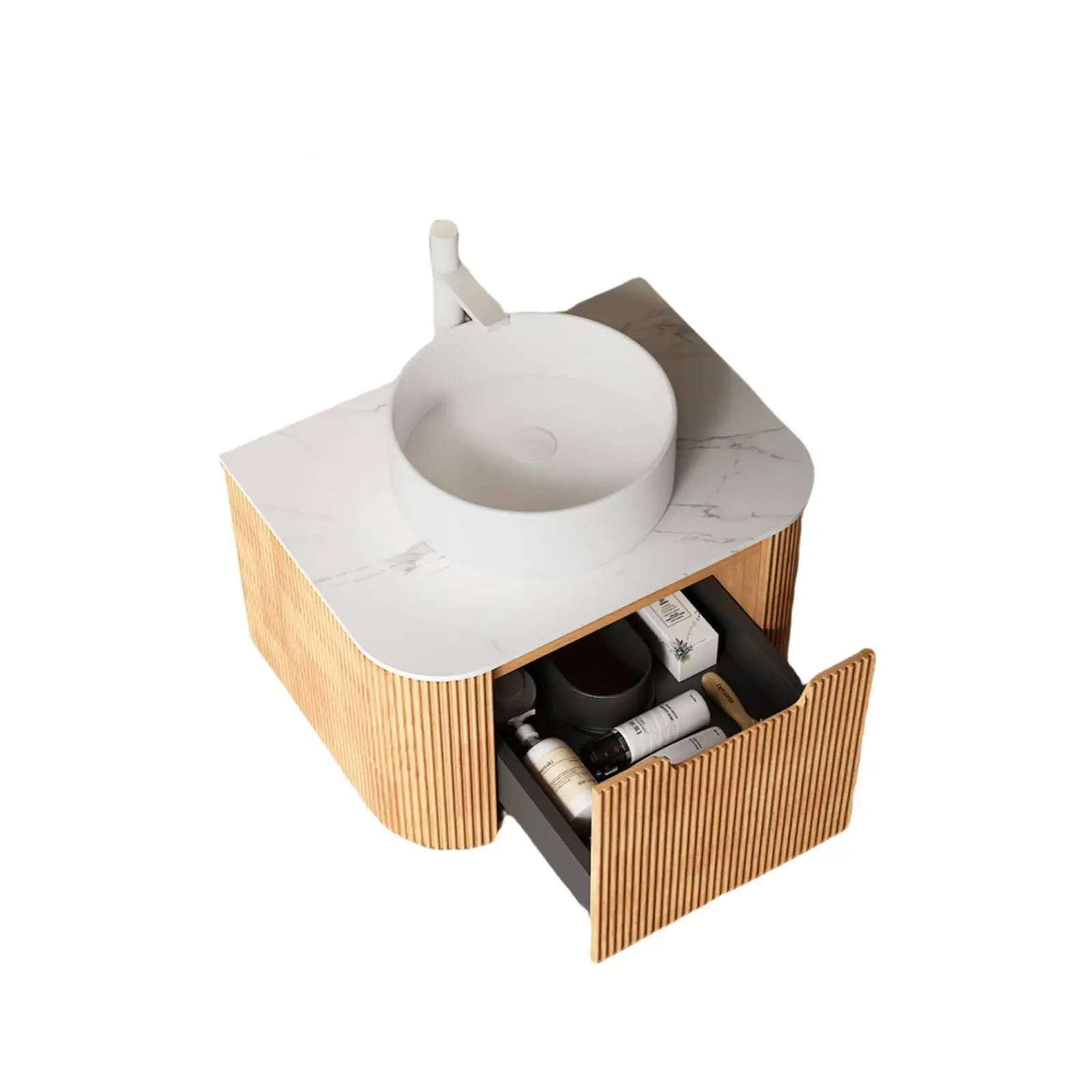 

Wall Mounted Curved Bathroom Vanity with Sink Storage Cabinet Contemporary Floating Design for Bathroom