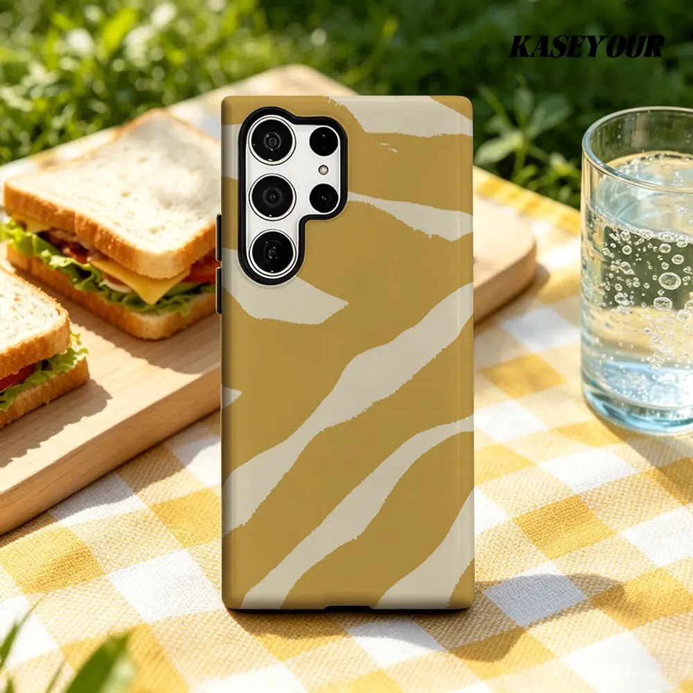 White Patterns on Yellow For Samsung Galaxy Phone Case S23 A57 S20 S25 FE S26 Plus S24 Ultra A56 A37 2-IN-1 Shockproof Bumper