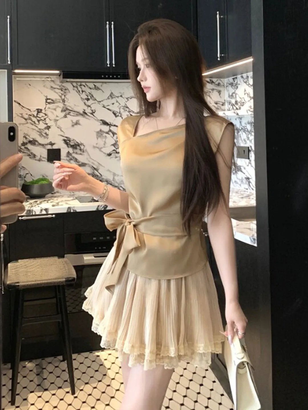 

Retro Fashionable Two-Piece Set with Strap Top And Skirt Stylish Summer Outfit Cotton V-Neck Sleeveless Women's Ensemble