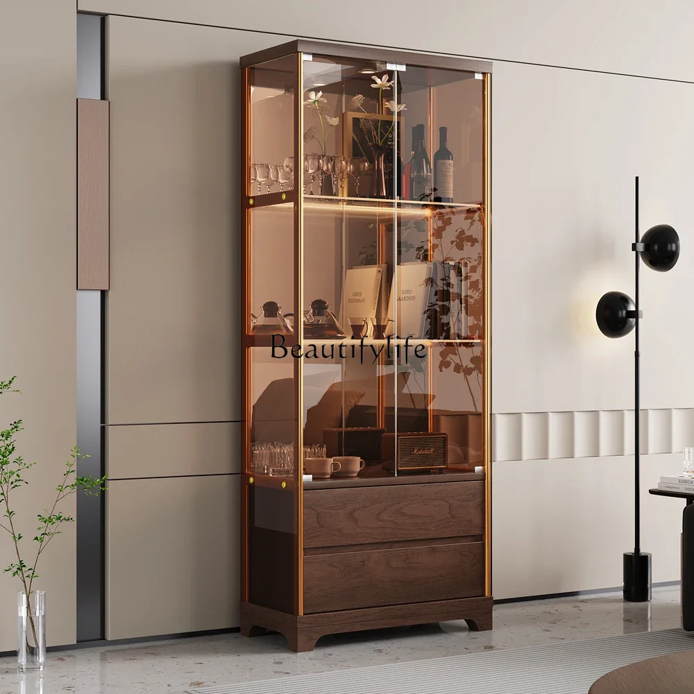 

yj32 New Chinese Style Solid Wood Wine Cabinet Integrated Wall-Mounted Light Luxury Living Room Glass Door Display Cabinet