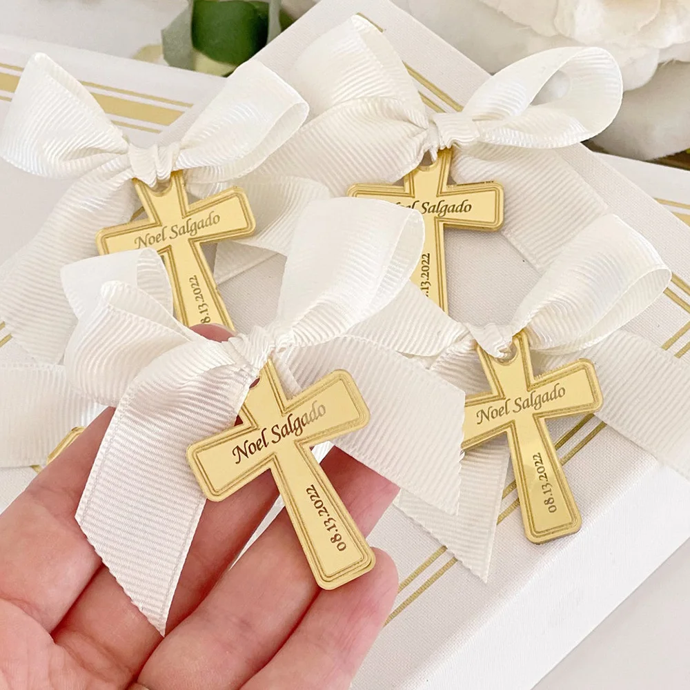 (Sin cintas) Etiqueta de recuerdo de bautismo con nombre cruzado Mi Bautizo acrílico con espejo dorado personalizado, etiqueta de regalo para fiesta de bautizo, etiqueta de primera comunión