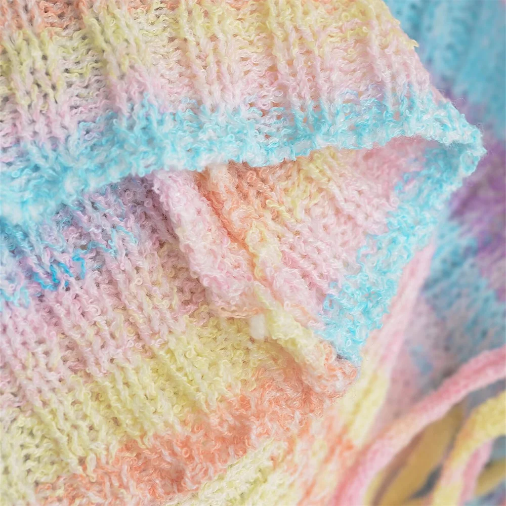 Camisola feminina moda gradiente arco-íris listra curto decote em v manga longa de malha outono nova camisola