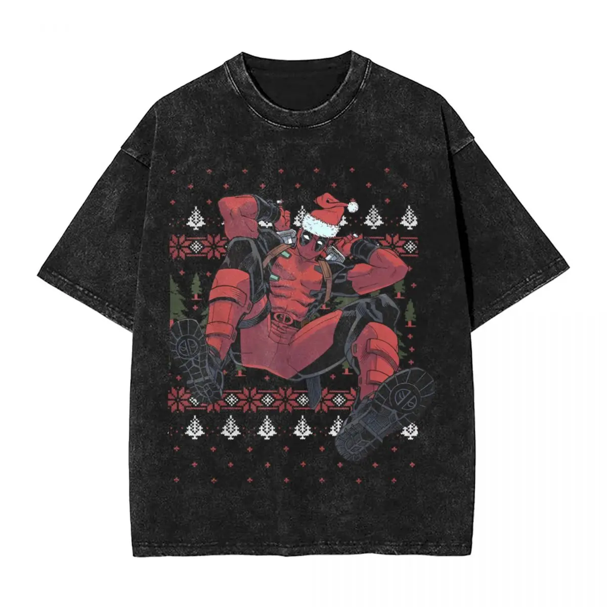 Deadpool Santa Hat Christmas Washed T Shirt Streetwear Novelty T-Shirts Tee Shirt Men Women 100% Cotton High Street Printed