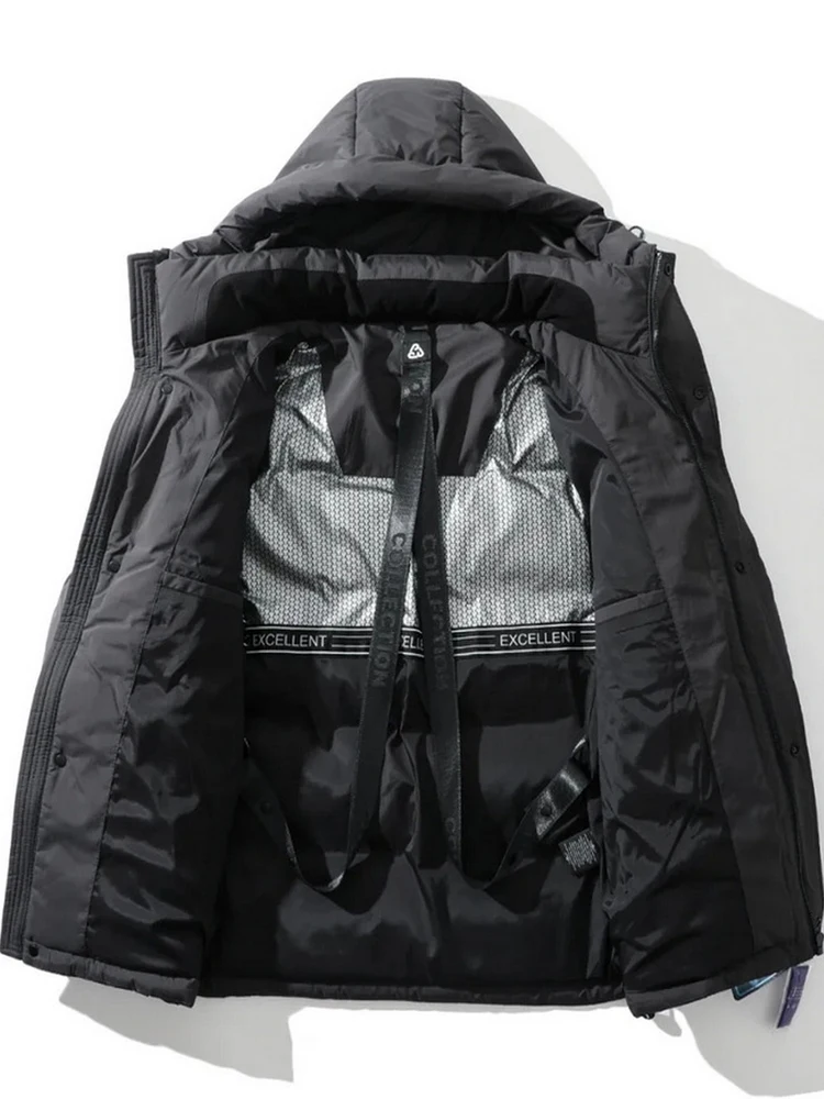 

Мужская утепленная пуховая куртка с капюшоном, свободного кроя, повседневная, черная, с принтом, на молнии, для активного отдыха