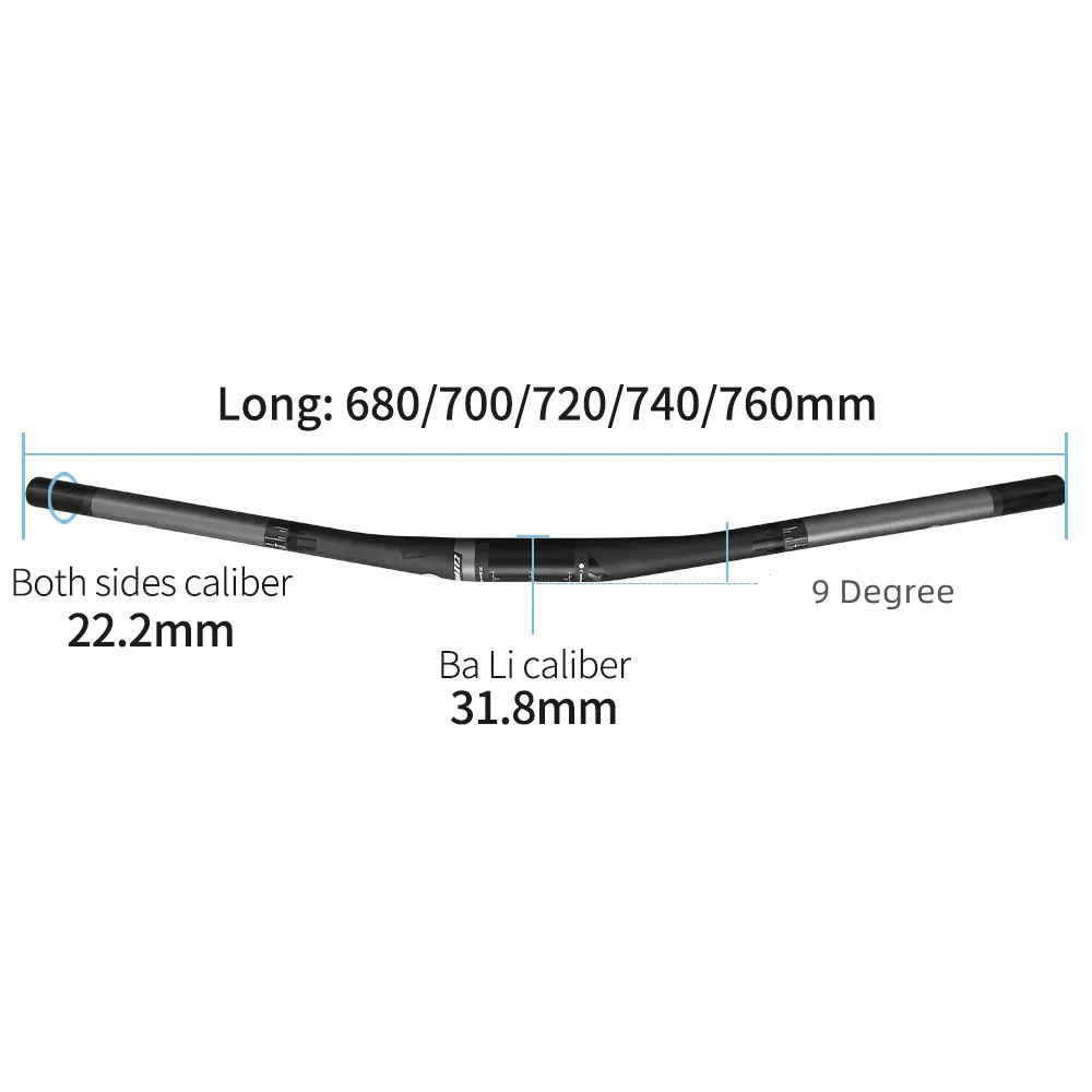 Full Carbon Fiber Mountain Bike Handlebar, Flat Handlebar, Road Bike, 9 Degree, 31.8 * 680-780MMmm, High Quality