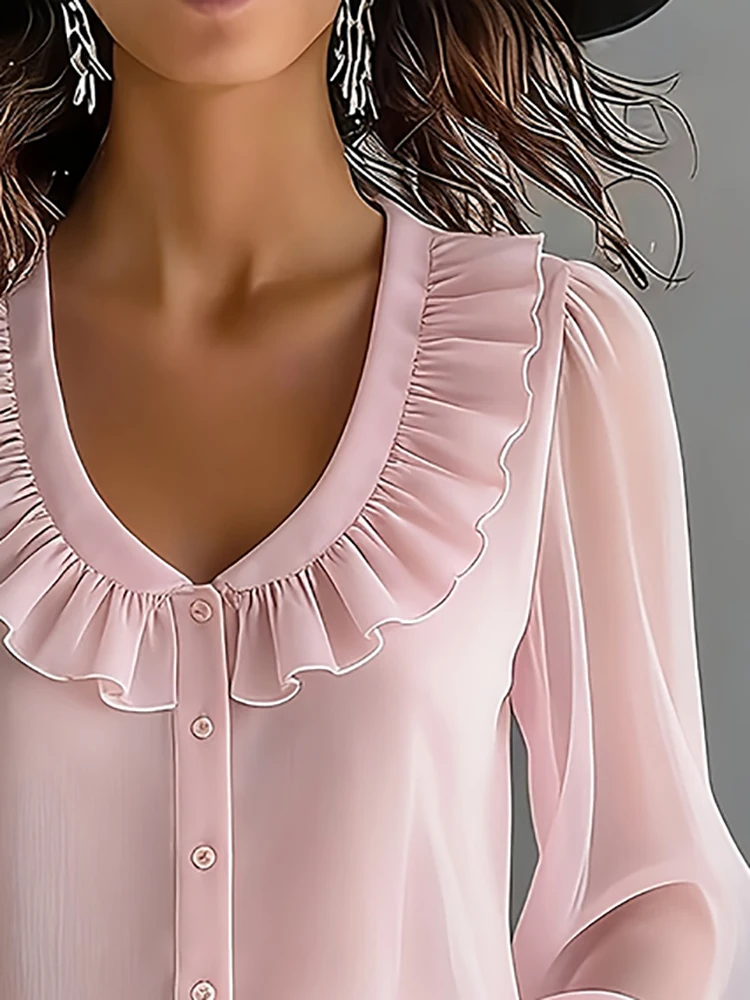 Women's V‑Neck Ruffle Chiffon Blouse Pink Cardigan Long Flare Sleeve Sheer Loose Casual Office Streetwear Elegant Shirts Tops