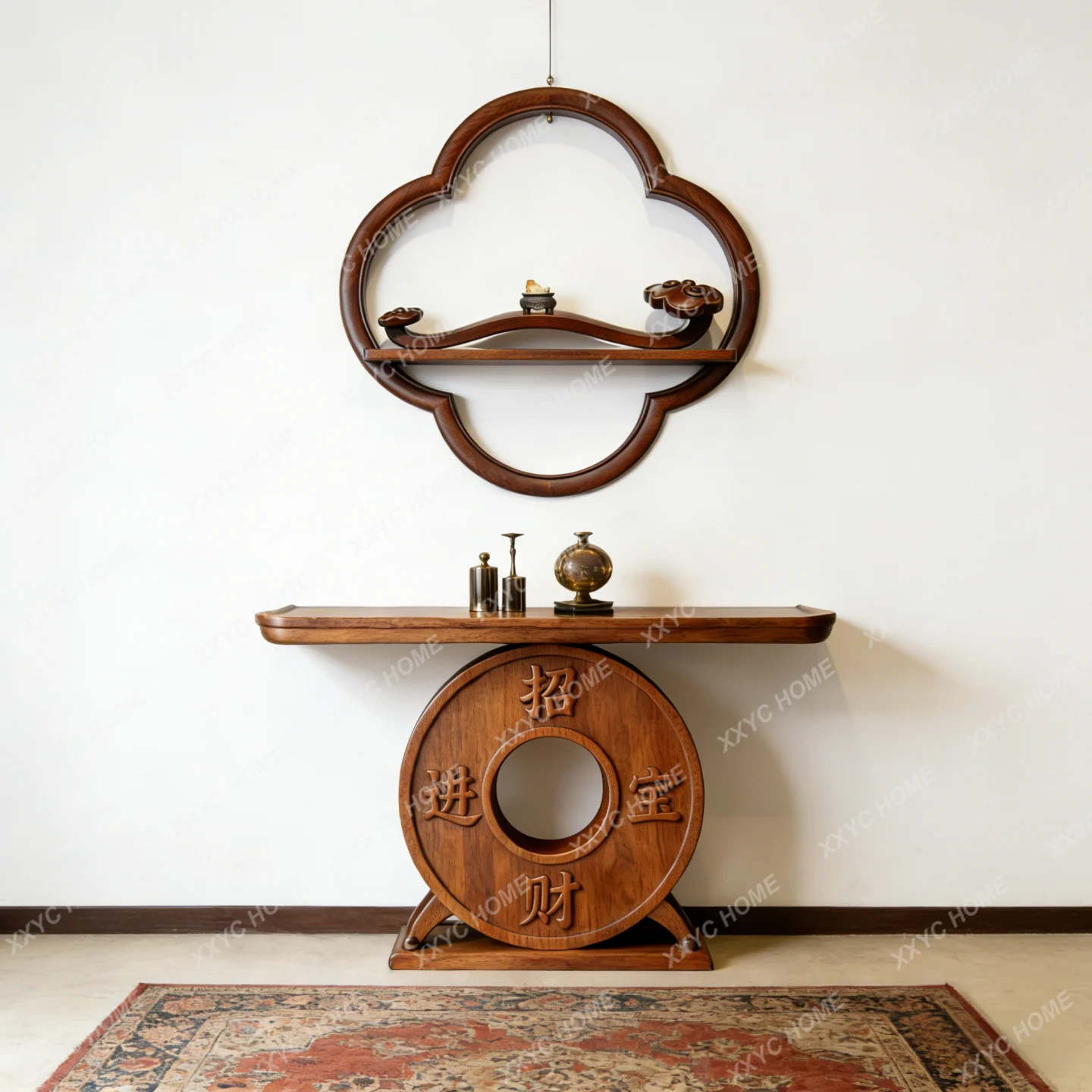 Solid wood living room entry to attract wealth and treasure, secret cabinet end view table against the wall