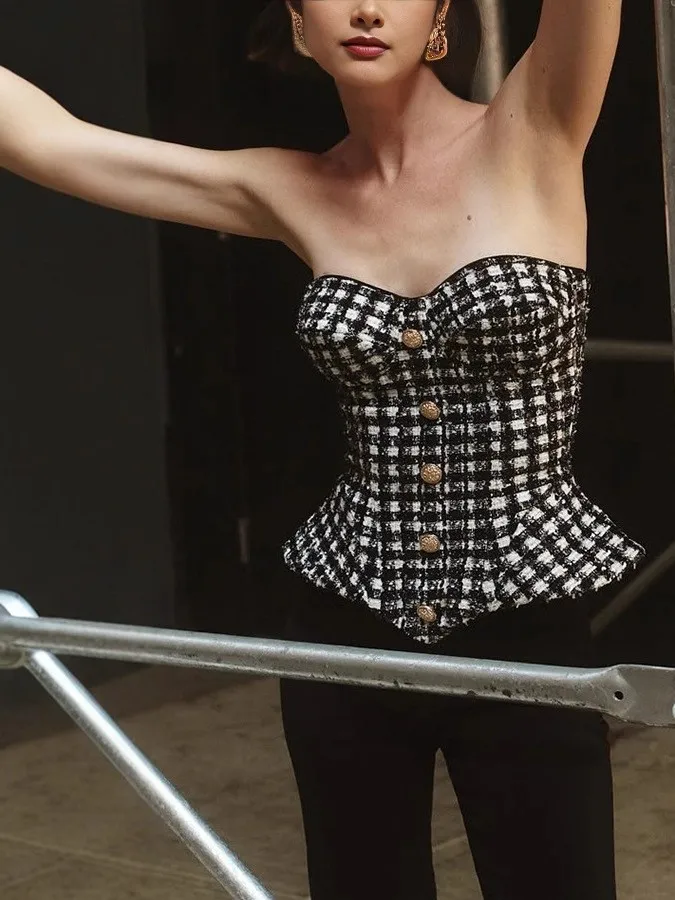 Plaid Strapless Waist Cinching Slimming Top European Style Button Element A-Line Narrow Shoulder Vest Thickened Ultra-Short P...