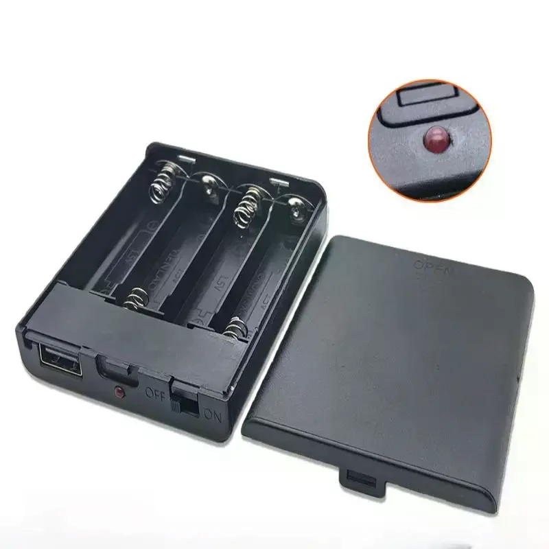 4 Slots AA Battery Holder No.5 Battery Case With Power Switch and USB Female Socket Indicator Light AA Battery Box