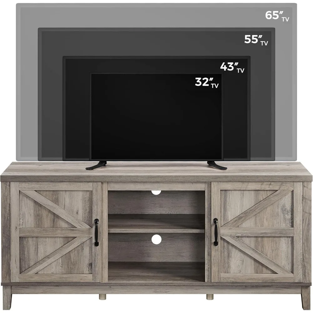 حامل تلفزيون مقاس 65 بوصة على طراز المزرعة، مركز ترفيه لغرفة المعيشة مع طاولة وحدة تحكم بباب الحظيرة المزدوج