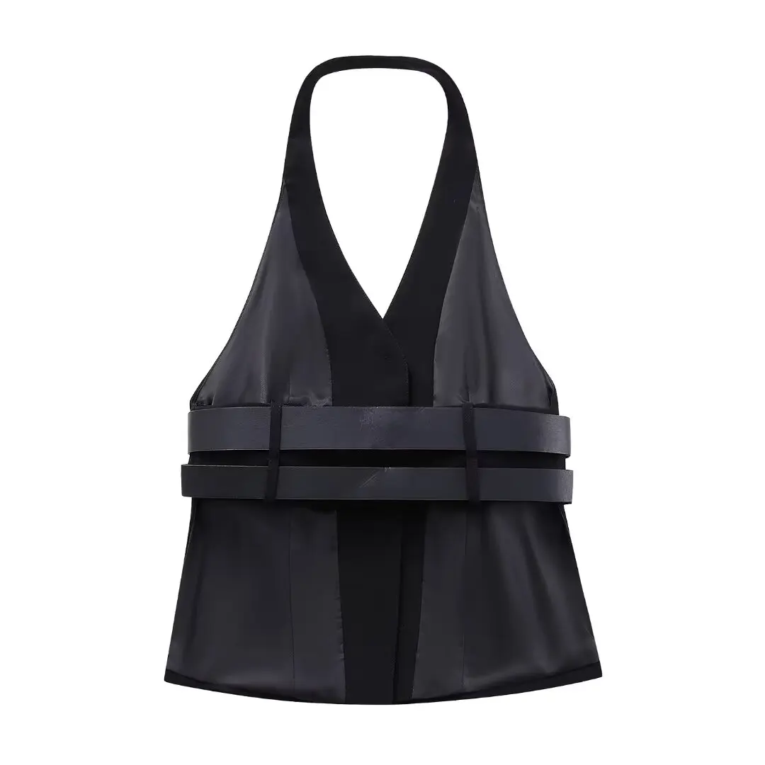 2024 Women Fashion V Neck Double Belt Design Backless Black Sleeveless Halter Tops Female Slim Camisole Vest 4315