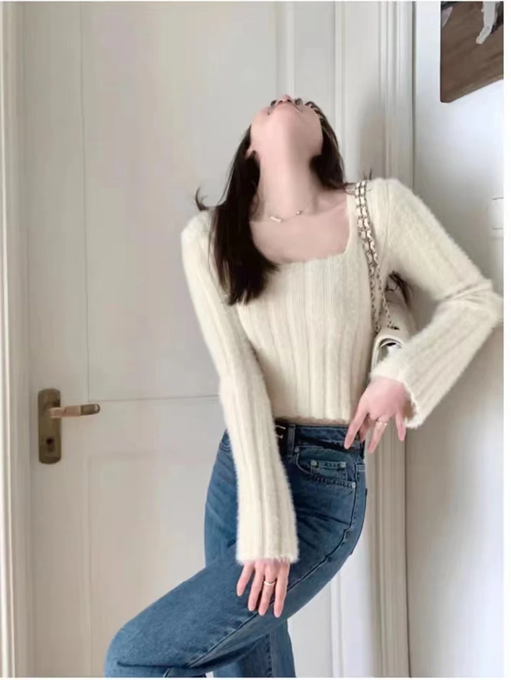 Pure Desire White Slim Fit Square Ne Strickwaren Damen Herbst Winter Inner Wear Design Sensation ort Top Base Layer