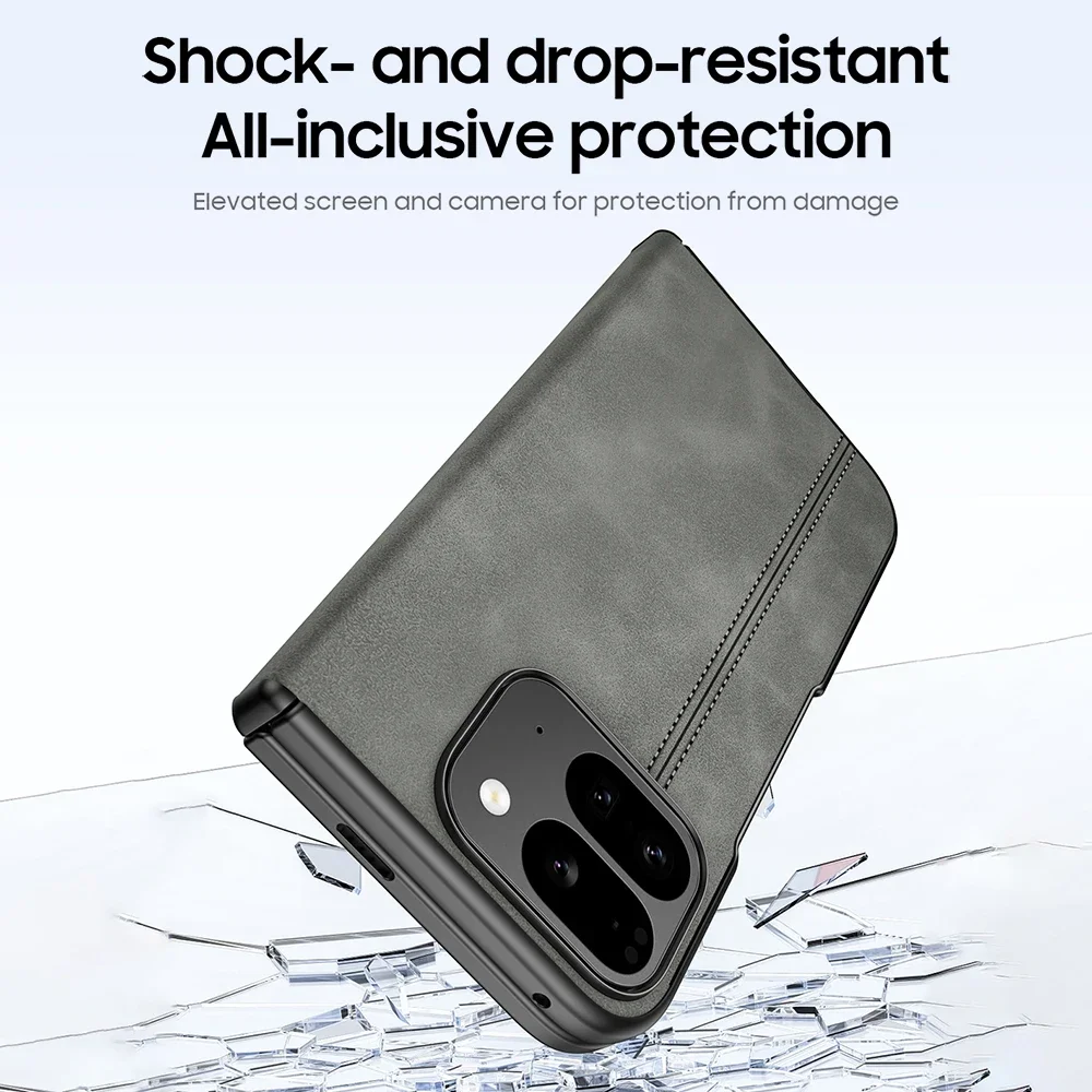 حافظة لهاتف Google Pixel 9 Pro قابلة للطي مع واقي شاشة، حماية مفصلية، حافظة جلدية غير لامعة لهاتف Google 9 Pro Fold Pixel-أسود