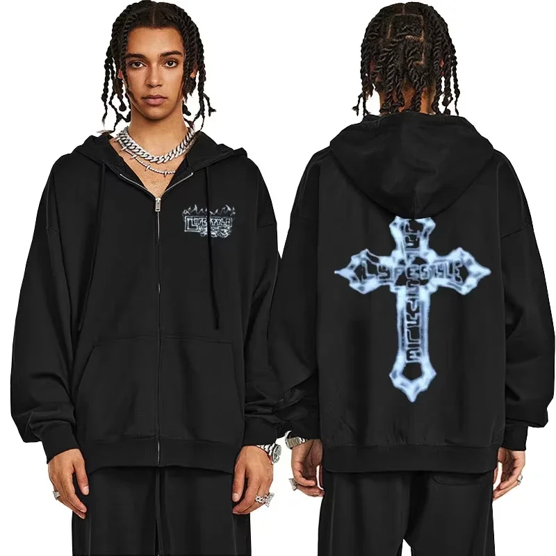 مغني الراب Yeat Lyfestyle الهيكل العظمي قلنسوة بسحاب الرجال الهيب هوب موضة خمر زمم سترة الرجال الصوف القطن المتضخم البلوز