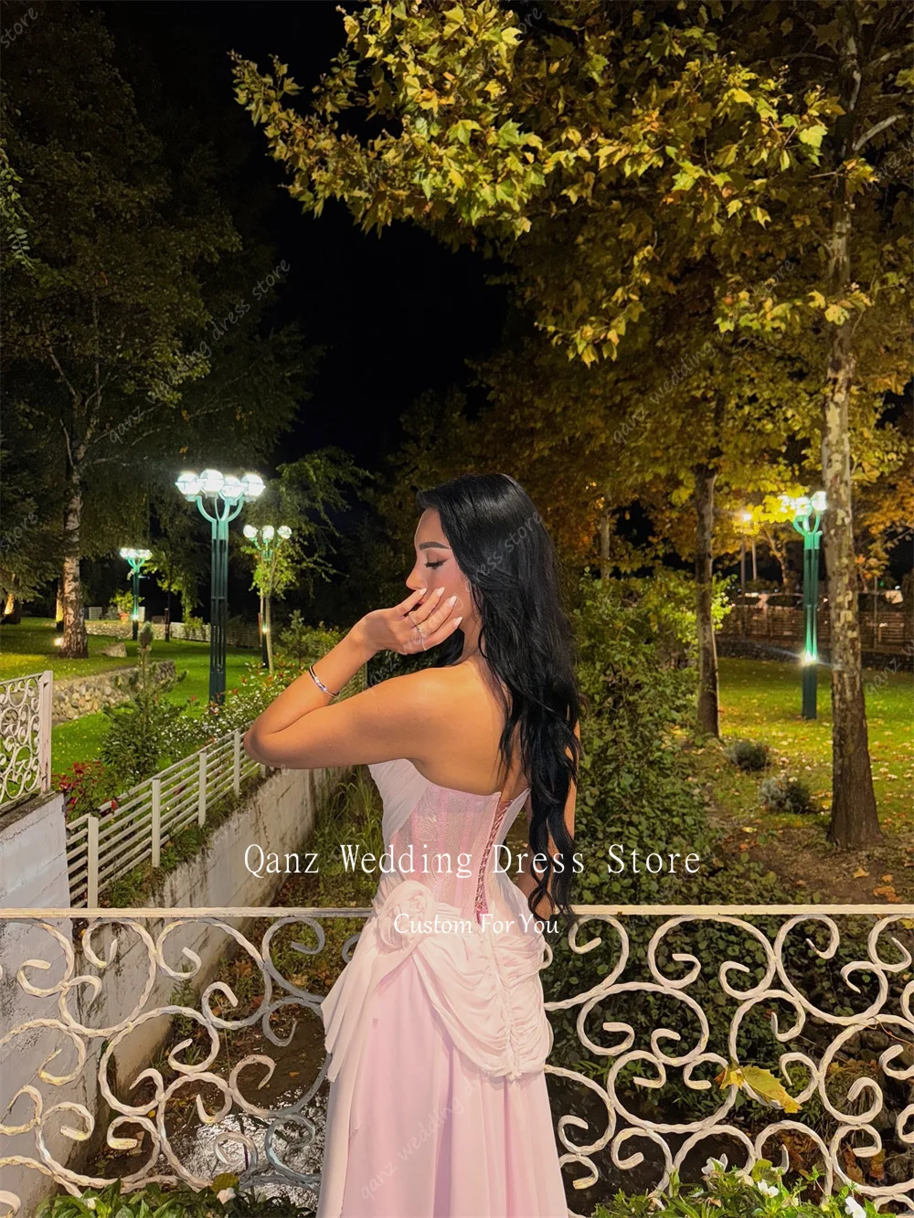 Qanz Elegant Chiffon Evening Dresses Satrpless Long A Line Dress For Wedding Guest Elegant Backless Robes De Soirée Customized