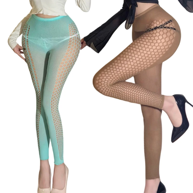 Fashion Women's Fishnet Cutout Stretchy Leggings Honeycomb Mesh Panel Featuring Large Fishnet Cutouts Along the Outer Leg Seams