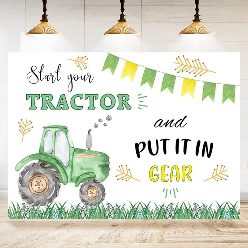 Photography Backdrop Green Tractor Green Flag Grassland Harvest Wheat Gear Birthday Background Kids Decor Banner