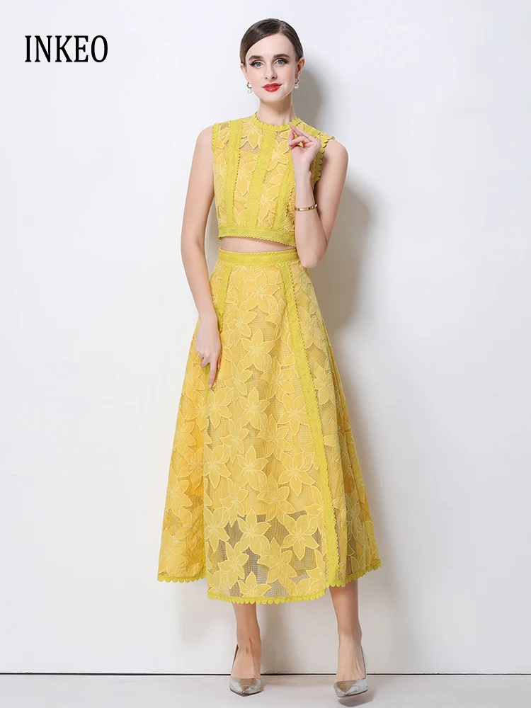 

Beach Lace Embroidered Top and midi skirt Women's 2026 Summer Hollow out embroidery 2 Piece set O-neck sleeveless tops 6D033