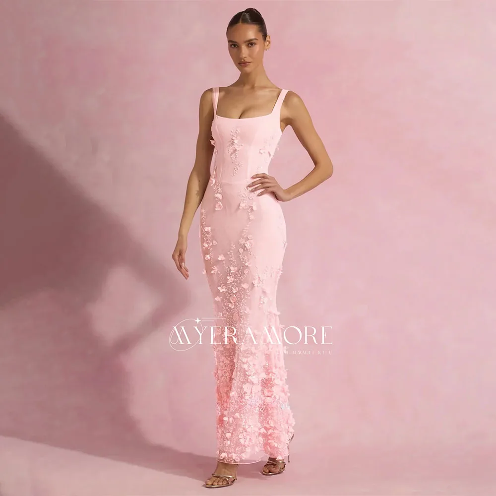 Sexy Women Evening Dress Pink Floral Appliques Square Neck Spaghetti Strap Prom Dresses Elegant Wedding Guest Dress Customized image 4