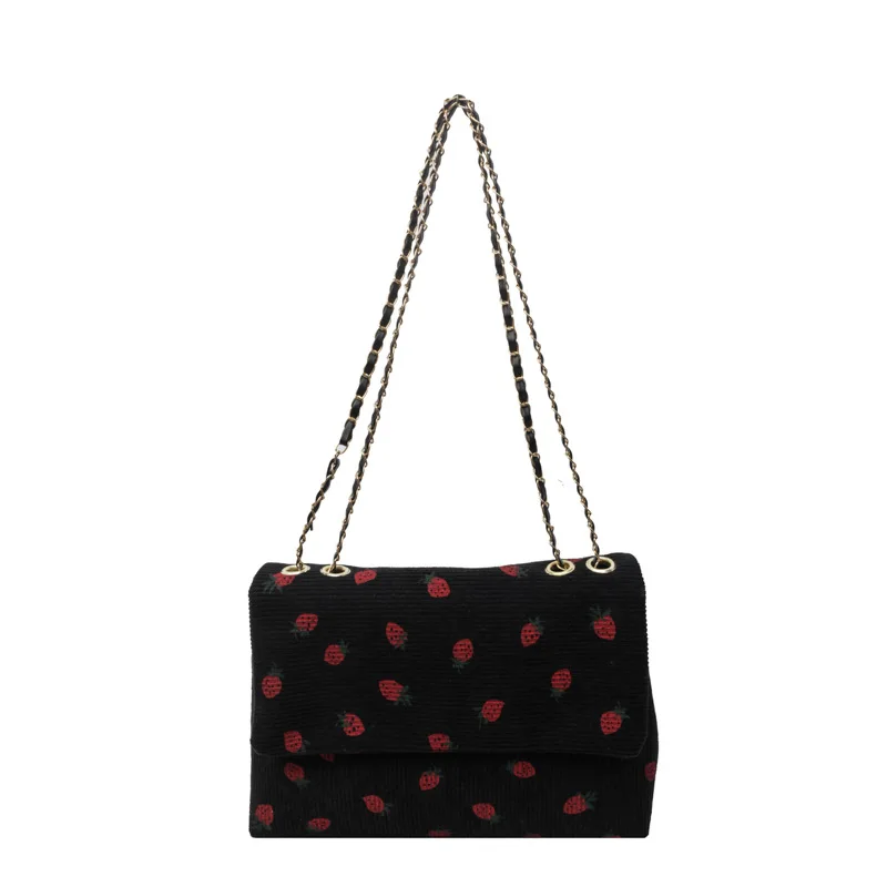 Cute Strawberry Pattern Women Shoulder Bags Big Flap Chains Crossbody Bag Casual Vintage Corduroy Messenger Bag Underarm 2024