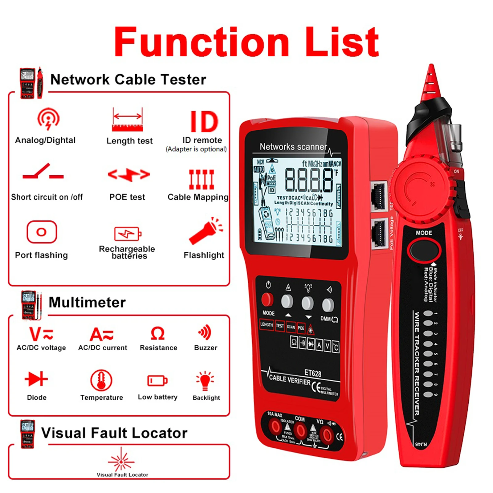 3 in1 Network Cable Tester Visual Fault Locator Multimeter Digital LCD Analog Search POE Test Cable Pairing Length Wiremap Check