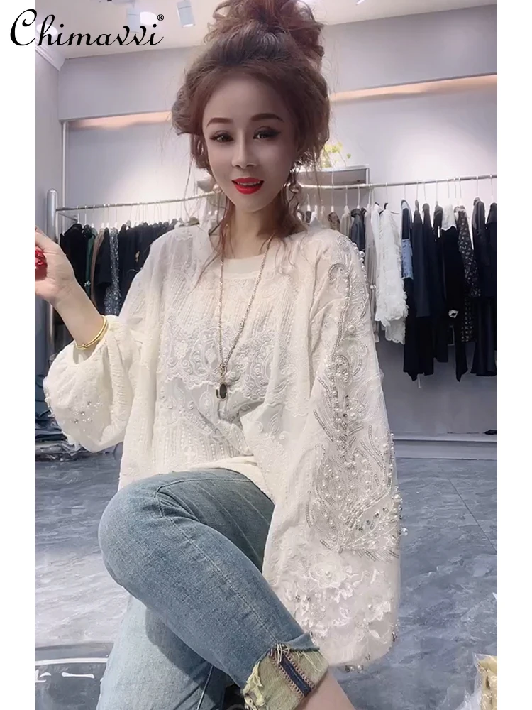 European Station 2024 Spring New Fashion Casual Solid Color Lace Top Women's Loose Long Sleeve Elegant Blouse Ladies Shirts