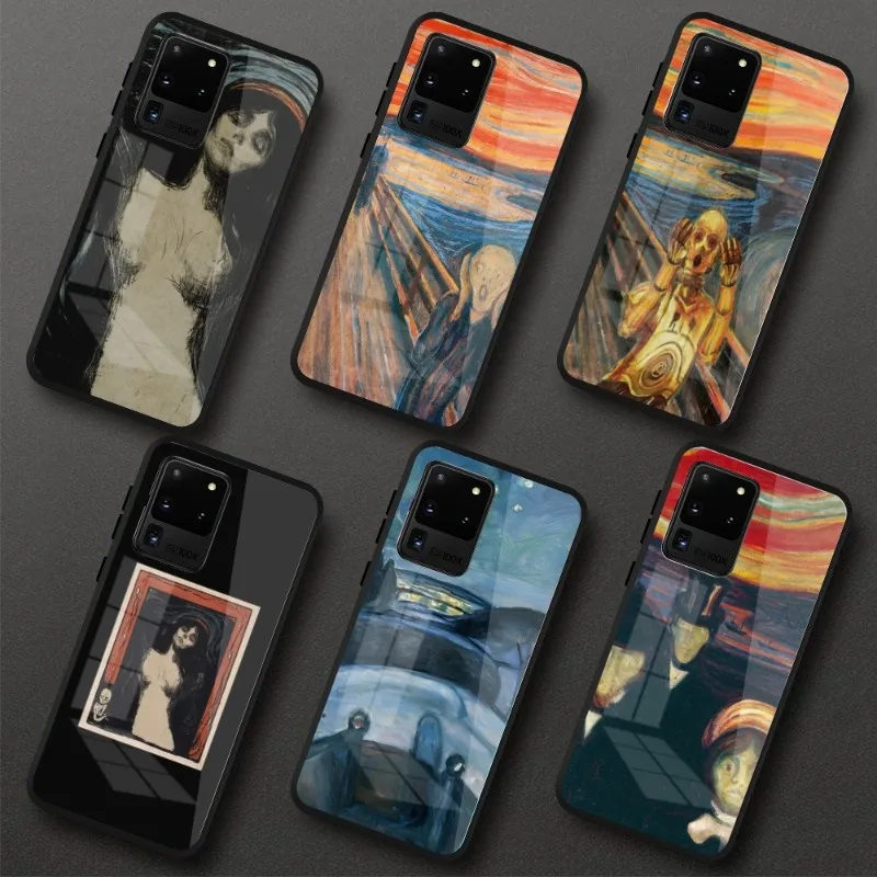 Munch Vintage Oil Painting Phone Case for Samung S23 S22 S21 Pro Ultra A13 A33 A53 NOTE 20 PC Glass Phone Cover