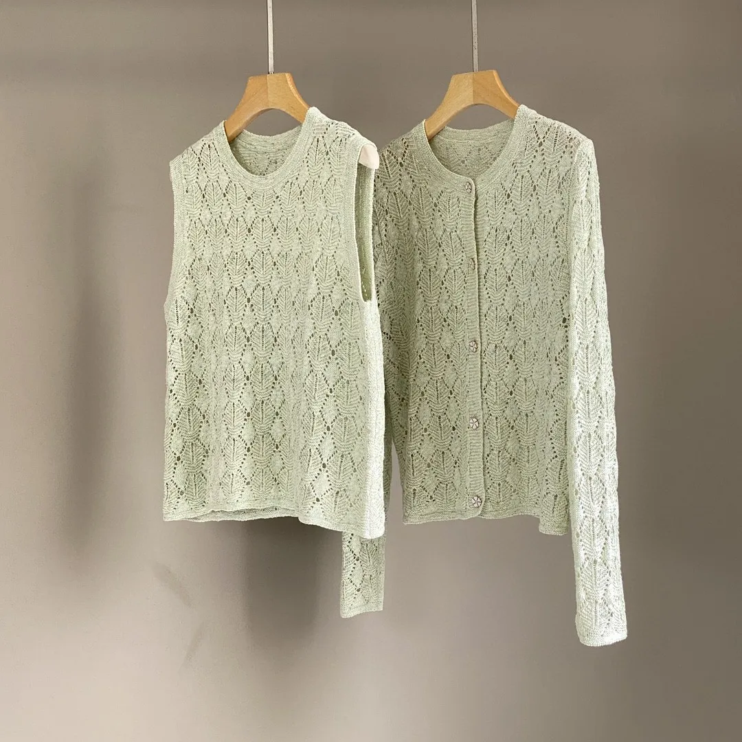 2025 Primavera y novedad de verano, chaqueta cárdigan de punto a la moda de lino de seda, chaleco informal versátil, traje para mujer