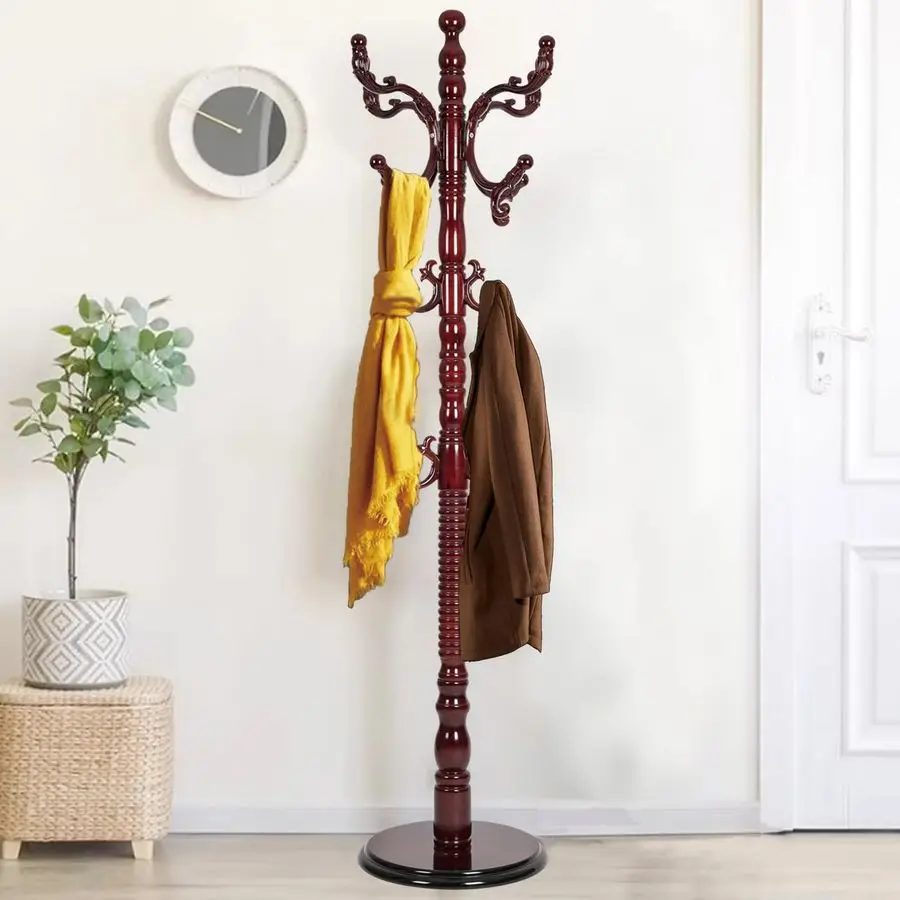 Coat Rack Freestanding, Hall Tree Hanger With Resin Hooks, Adjustable Heavy Duty Coat Rack for Hanging Clothes Bags Hats in Livi