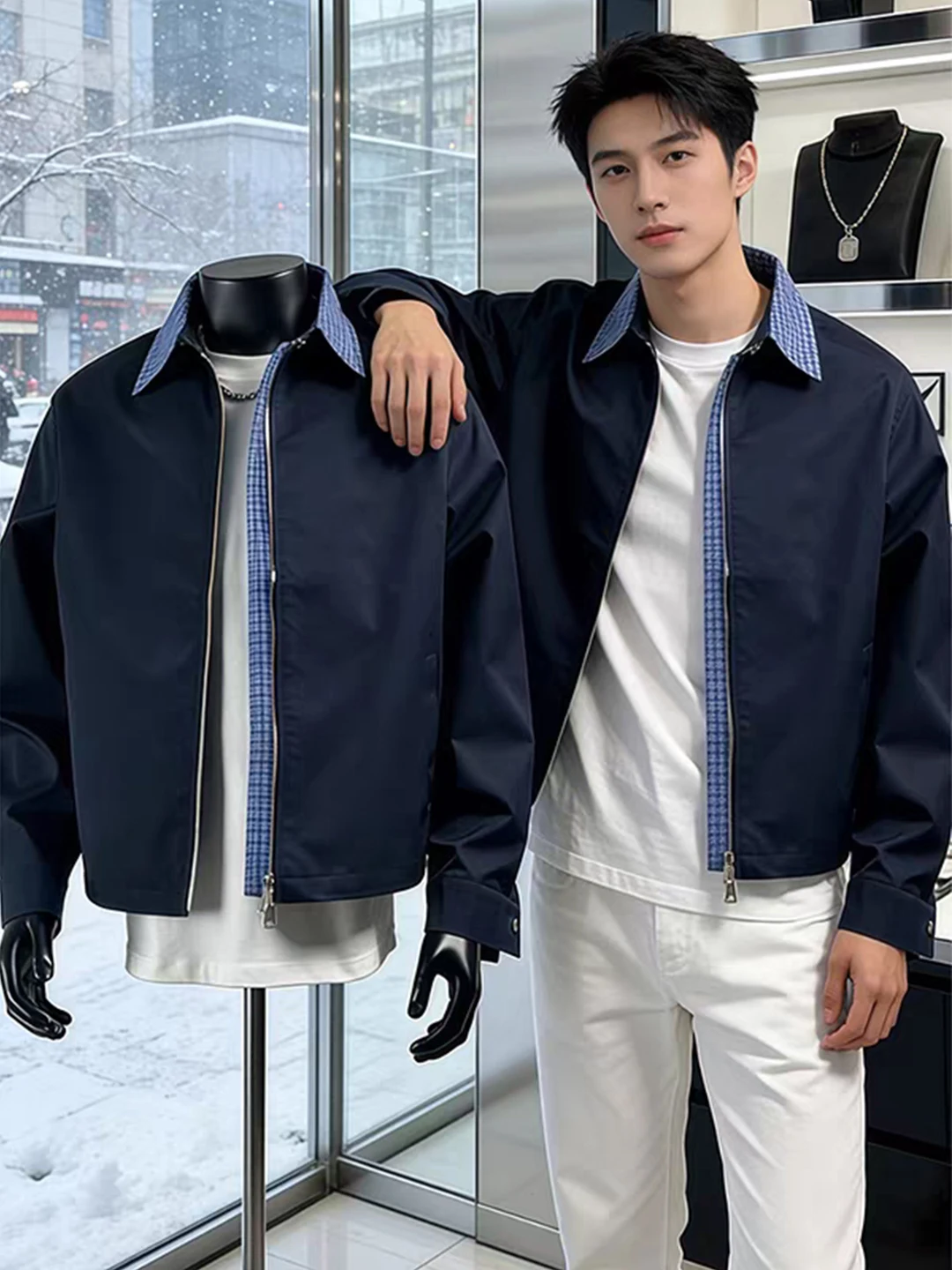 American Sle Fake Two-Piece Jaet Men's Spring Plaid Splicing ort Baseball Flight Jaet Cleanfit Flight Coat Youth Trend
