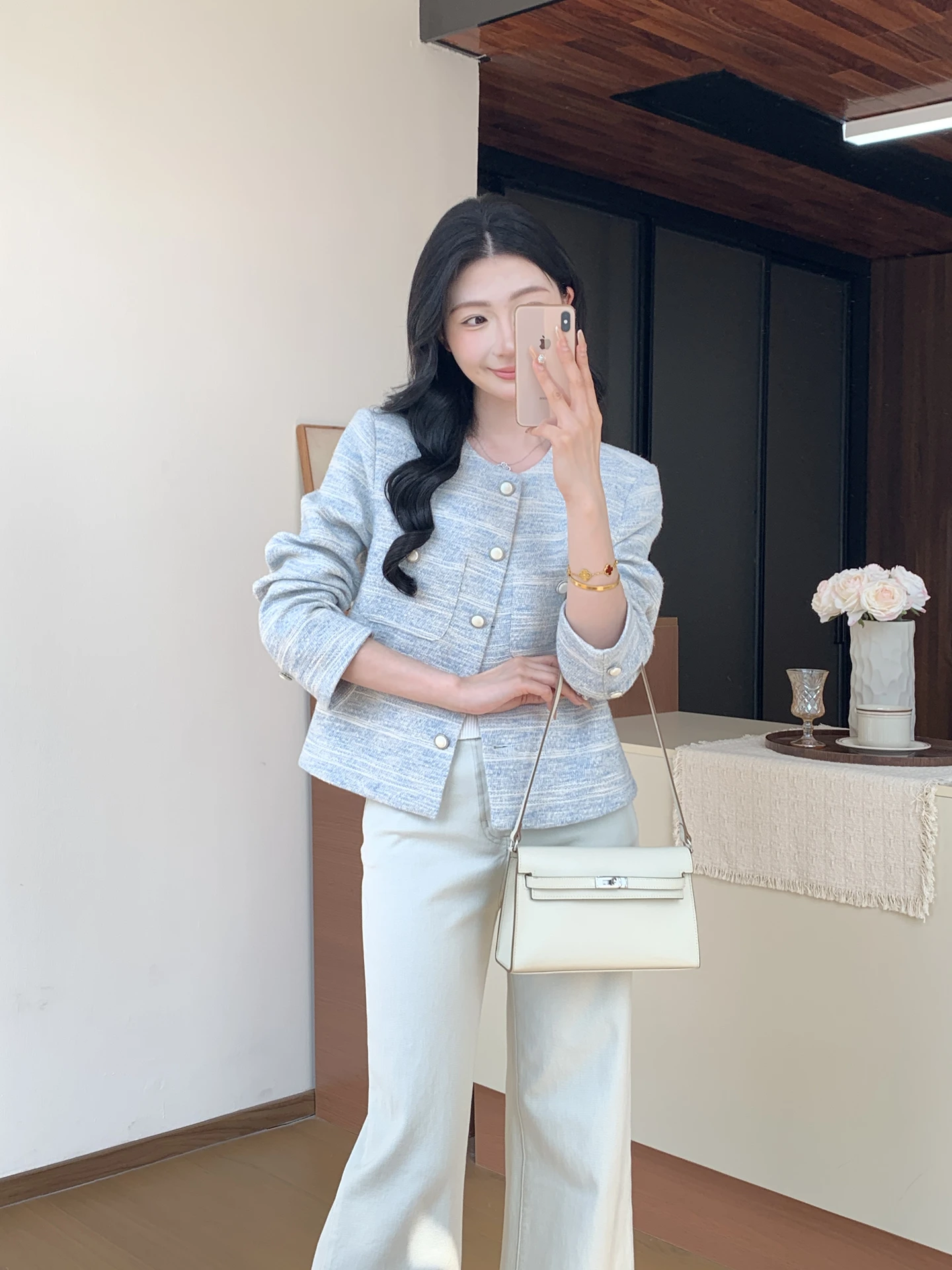 

Healing Wind Tweed Short Coat Women's Blue Commute Minimalist Personality Outerwear Megua Brand Straight Tube Polyester Fiber