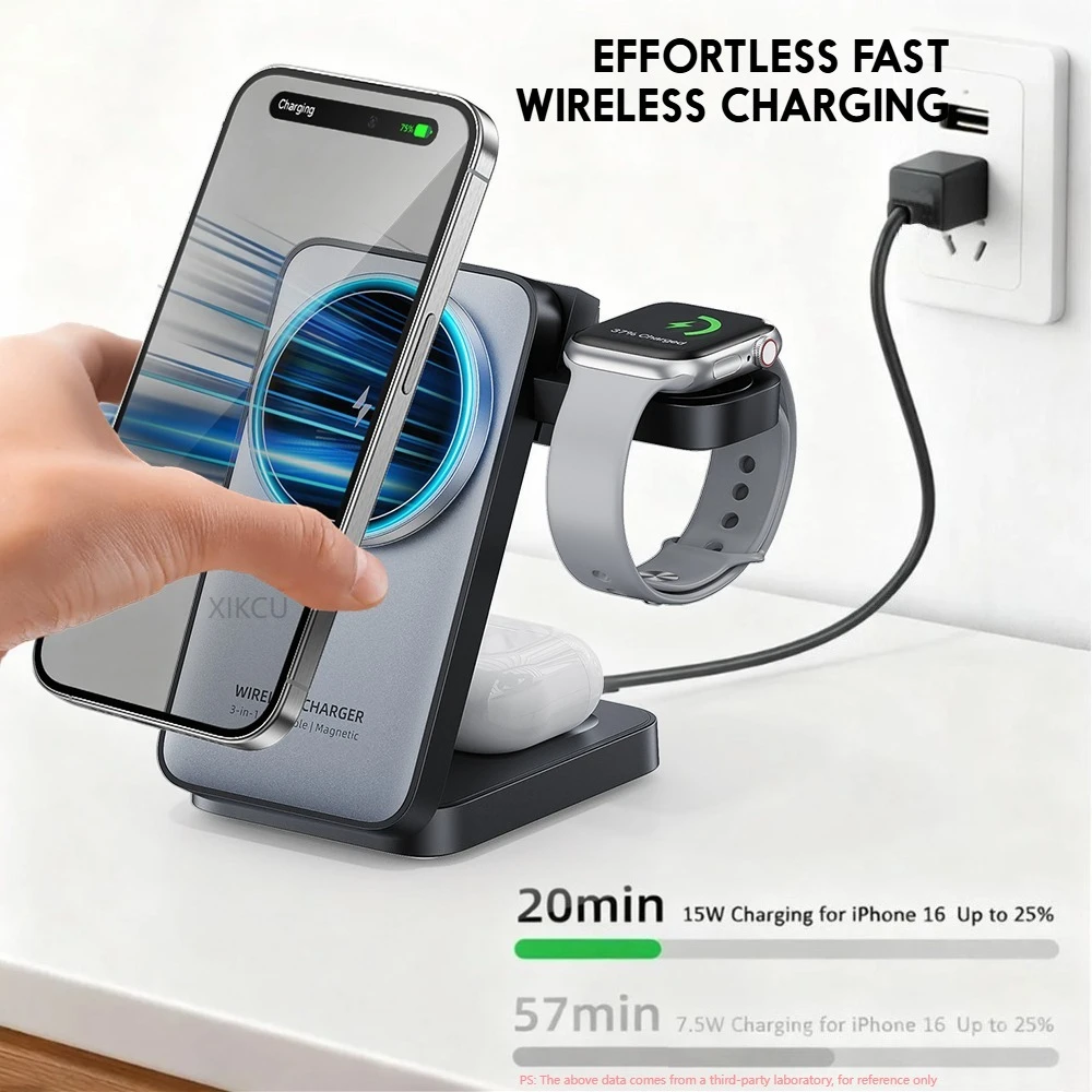 3in1トラベルマグネット式ワイヤレス充電ドック（magsafe対応-iphone-17-16-15-pro-max-14-13-12、iwatch-11-2、airpods-pro対応）急速充電