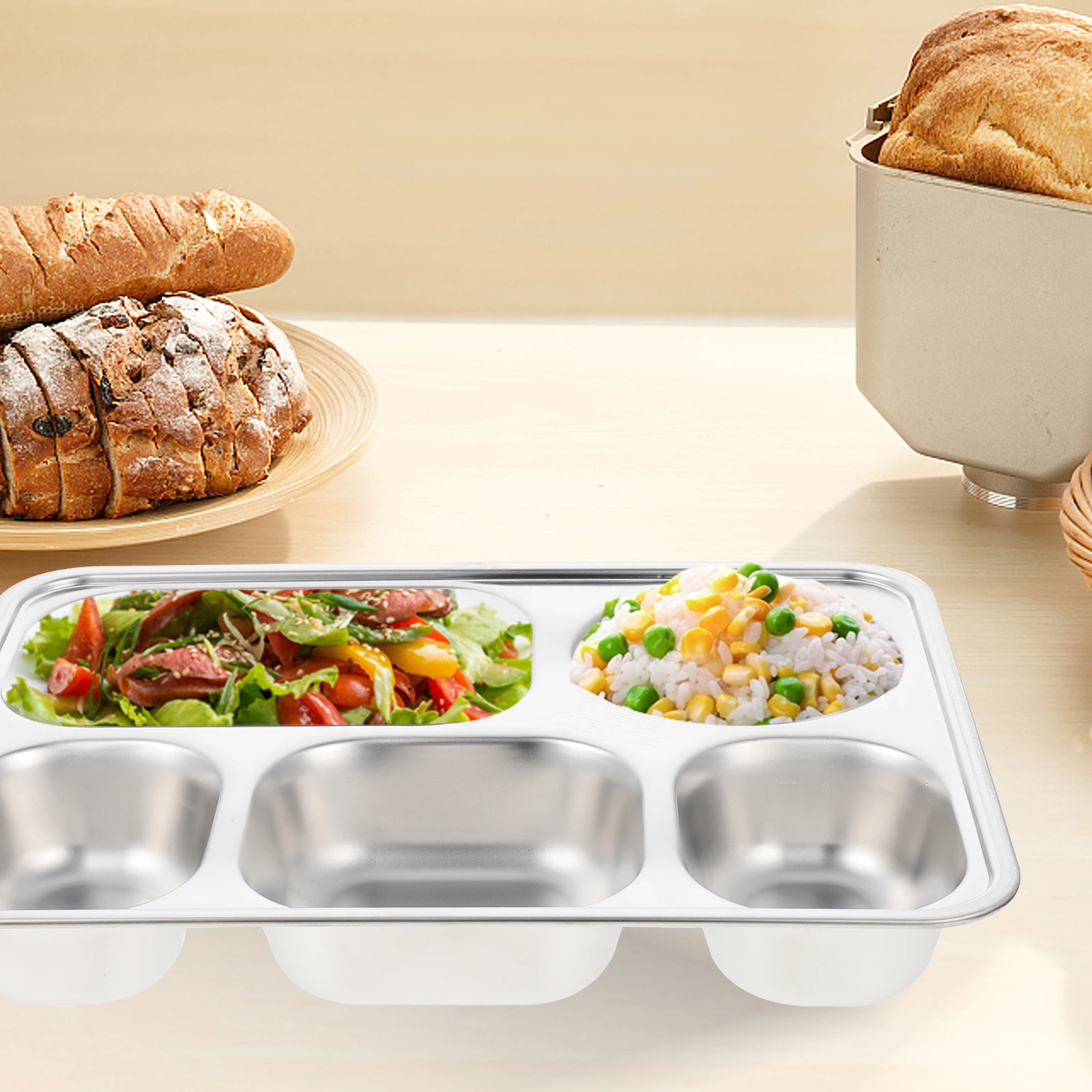 

Stainless Steel School Cafeteria Food Plate Compartment Tray Divided Lunch Box Picnic Camping Diet Control Strong
