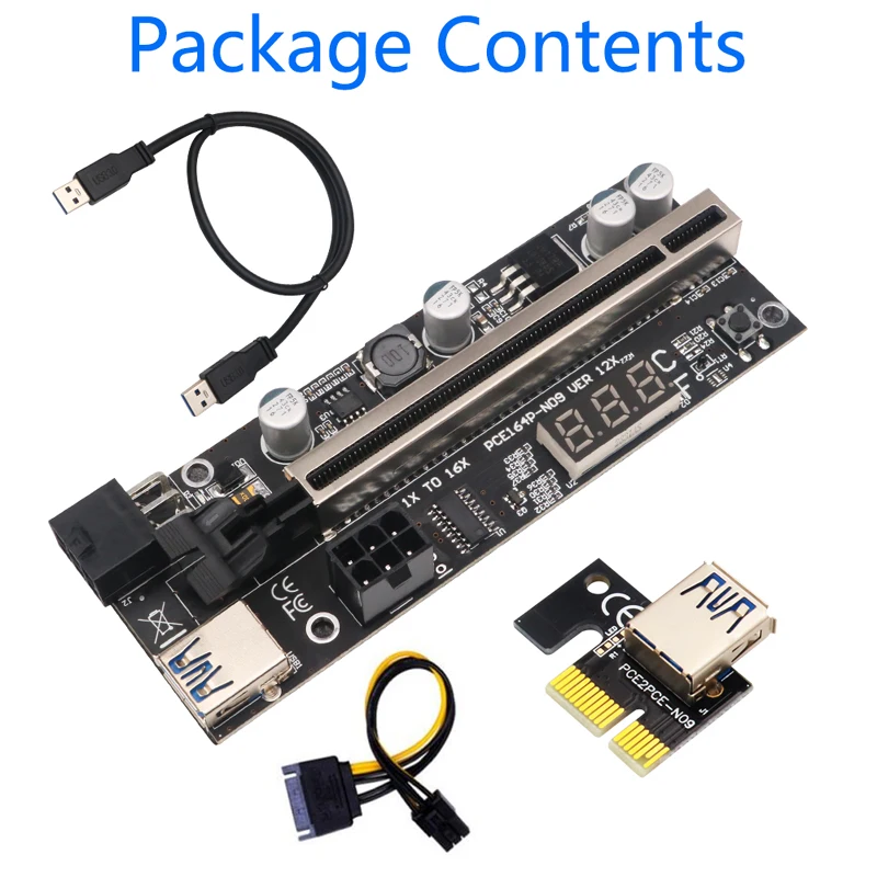 PCIE Riser 009S Plus Riser PCI E Express X1 a X16, 6Pin duplo para GPU Bitcoin Miner, Mineração com sensor de temperatura