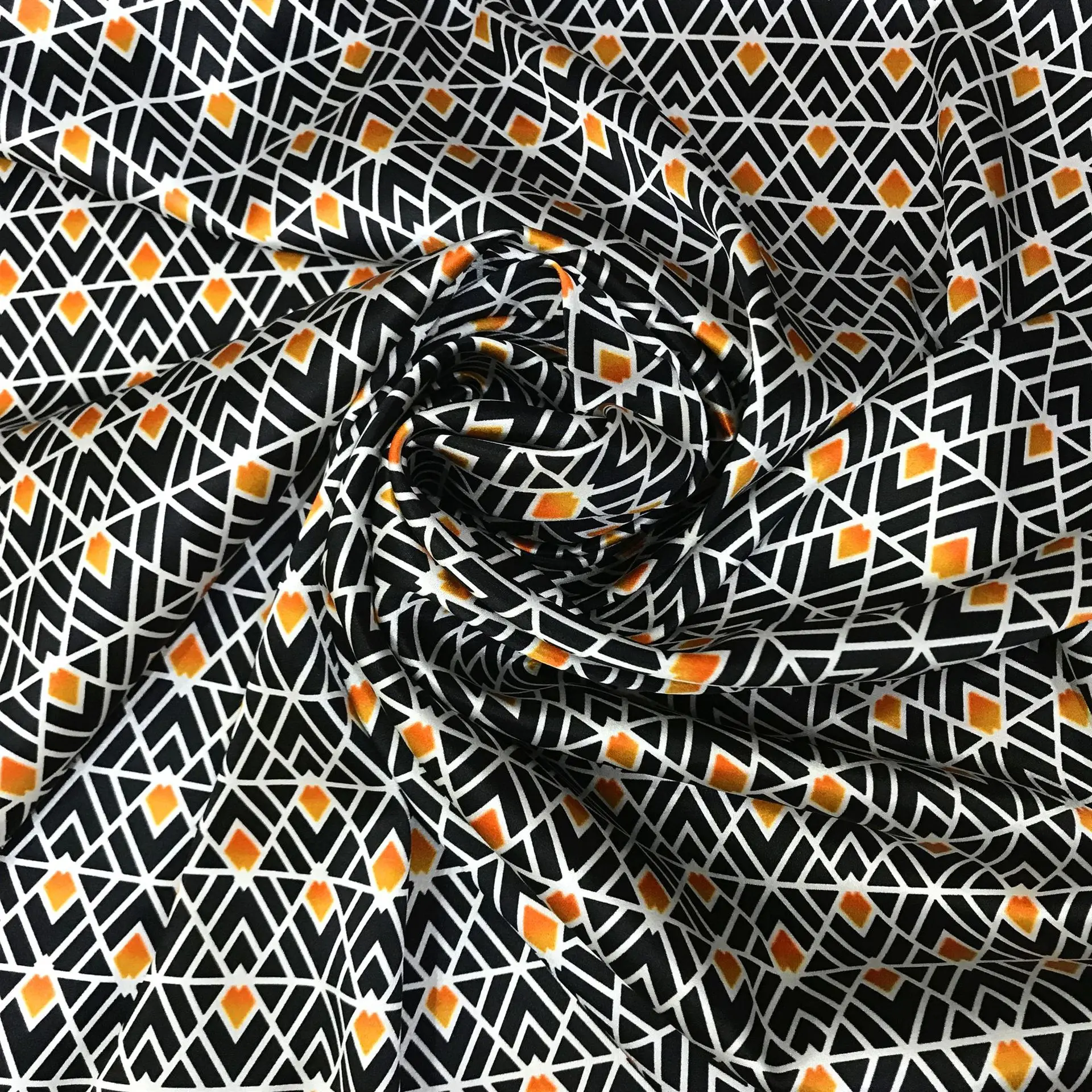 108CM Wide 19MM Silk Satin Fabric for Smooth Dress Pajamas Blouse Pants,DIY Sewing Fabric with Orange Black Geometry Print E1339