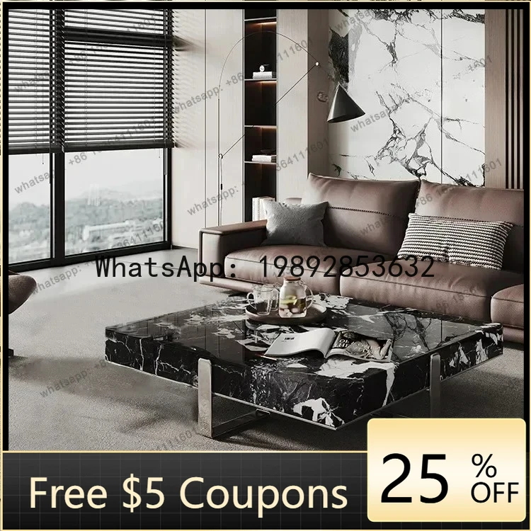 AB  Italian Minimalist Square Coffee Table, Black White Stone Top, Heat-Resistant & Easy Clean, Sturdy Compact Designer Set