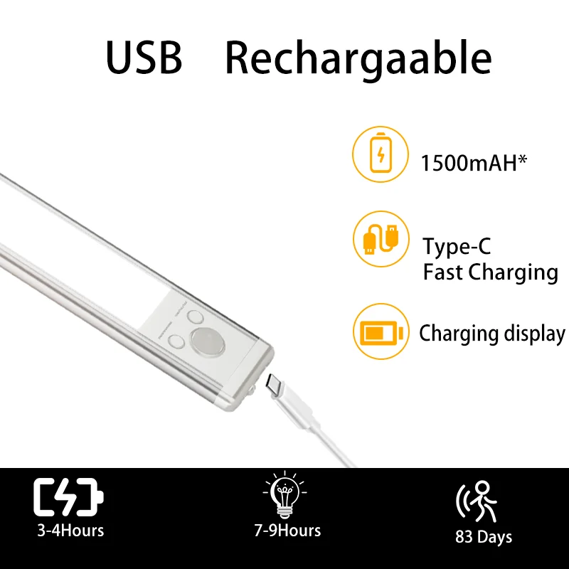 1 Stück kabellose wiederaufladbare LED-Schrankleuchte mit Bewegungsmelder – für Schrank, Küche, Kleiderschrank, Treppen – Typ-C-Ladelichtleiste