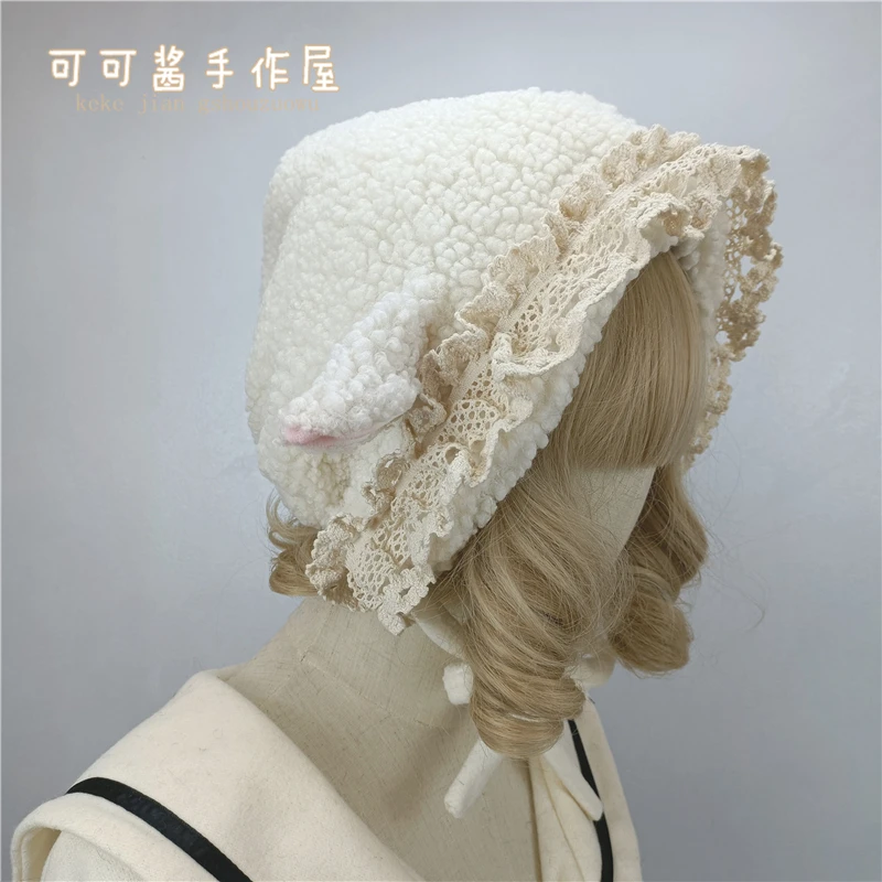 Lamb Ears Earmuffs Hat Japanese Cute Lace Ushanka Lolita All-Match Plush Winter Warm Hat