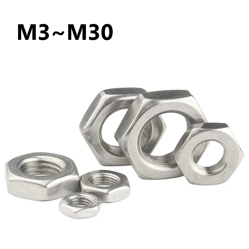 1~50Pcs Stainless Steel Hexagon Wafer Low Thin Nut M3 M4 M5 M6 M8 M10 M12 M14 M16 M18 M20 M22 M24 M27 M30 Hexagon Nuts