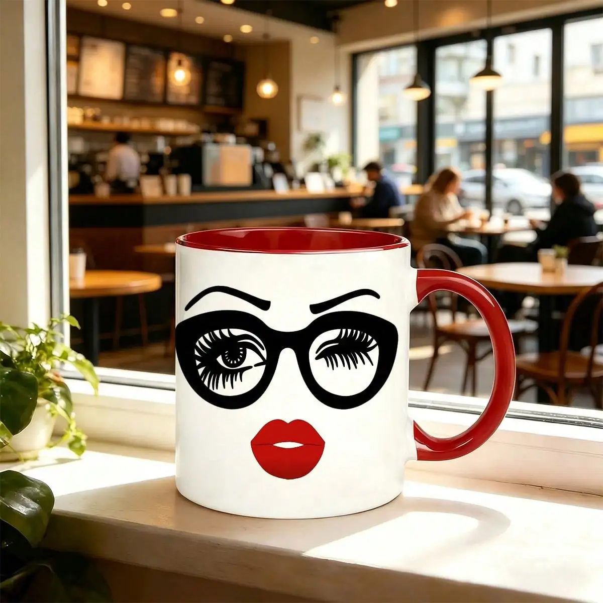 11-Ounce Playful Winking Ceramic Coffee Mug, Featuring A Red Lip And Cat Eyeglass Frame Design - Stylish Black And White Color Scheme, Suitable For Coffee, Tea SH260728113207732181393
