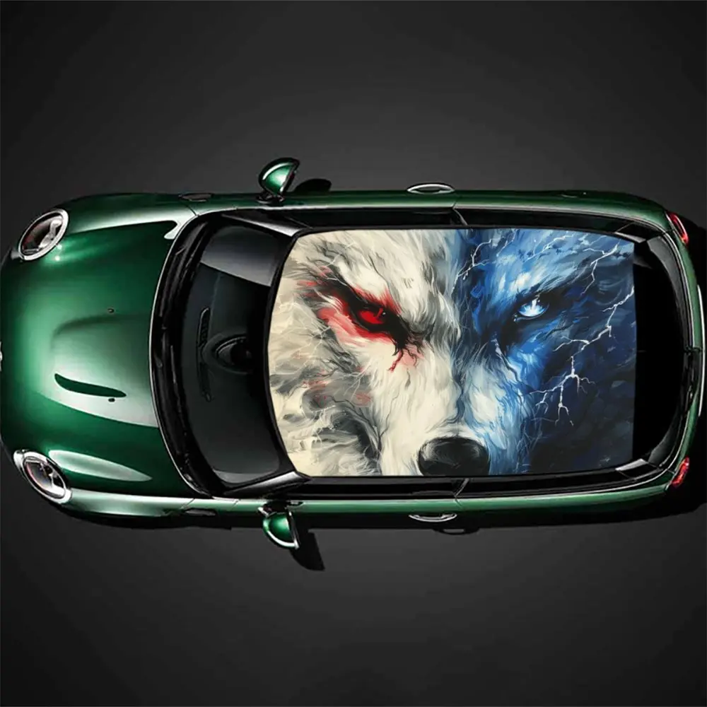 Wolf Red Blue Eyed with Lightning Car Roof Sticker Wrap Racing SUV Auto Accessories Packaging PVC Car Hood Graphic Decal Decor